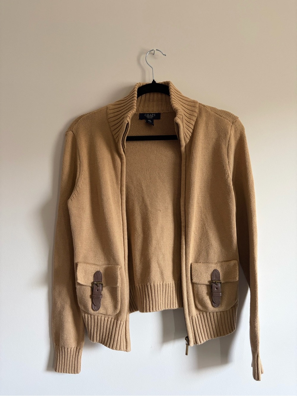 CHAPS Tan Zip-Front Cotton Cardigan Sweater